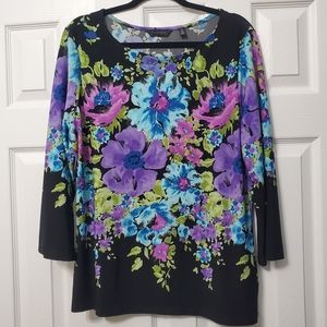 Investments womens pullover knit top 3/4 sleeves all over bright floral size XL